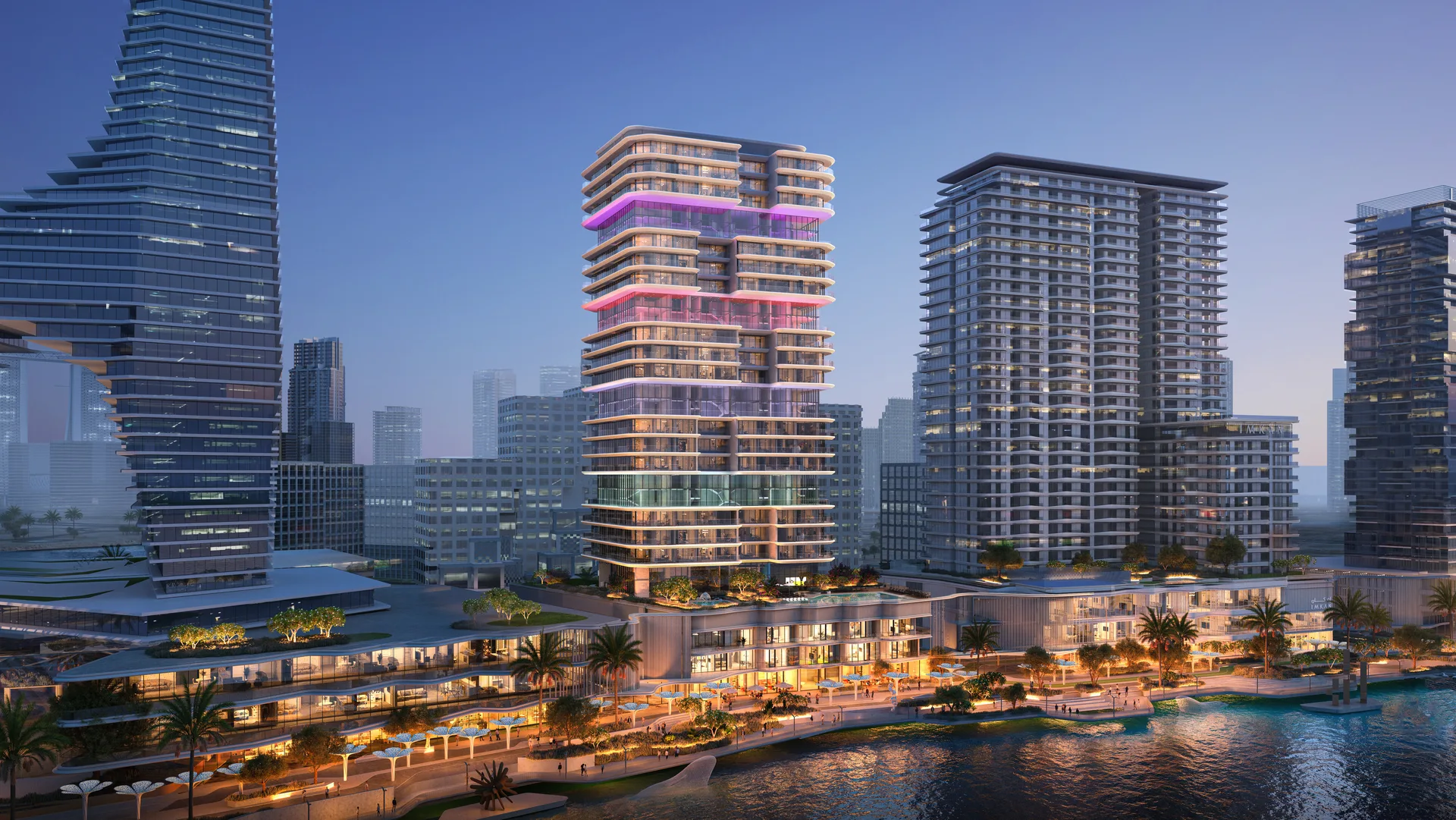 The Artery Residences - Waterfront tower at dusk